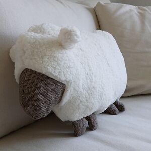 White Wooly Sheep Pillow Brown Herringbone Legs 21" x 12" Cupcakes & Cashmere